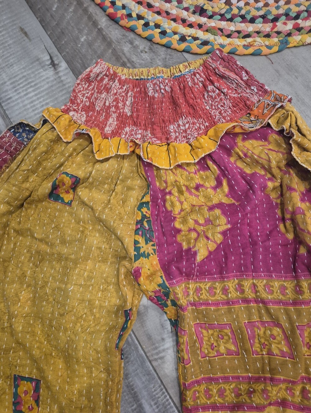 Custom High Quality Kantha Bohemian Patchwork Ruffle High-Waist Jogger Pant L-XL - Picture 3 of 6